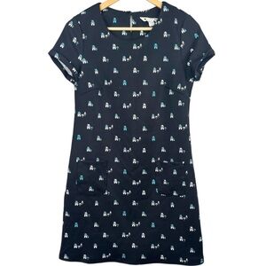 Yumi Black with White & Blue House Print Short Sleeve 2 Pocket Shift Dress 4